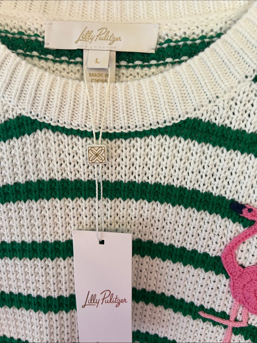 Lilly Pulitzer Green & White Striped Crewneck Sweater with Pink Flamingo - Picture 2 of 3